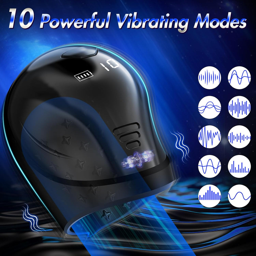 10x Vibrating Penis Stroker with LCD APP Control 360° Wrapping Glans Blowjob Trainer