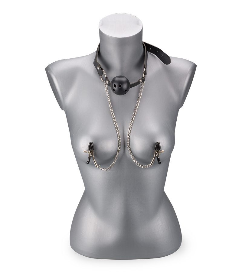 BDSM ball gag with nipple clamps