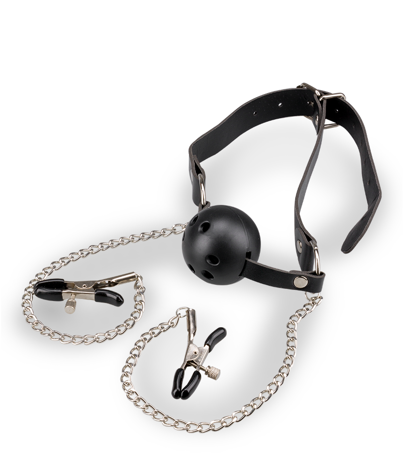 BDSM ball gag with nipple clamps