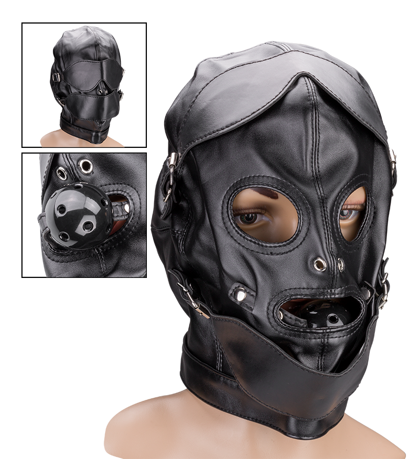 BDSM hood with ball gag and mouth/eye patches