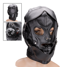 Load image into Gallery viewer, BDSM hood with ball gag and mouth/eye patches