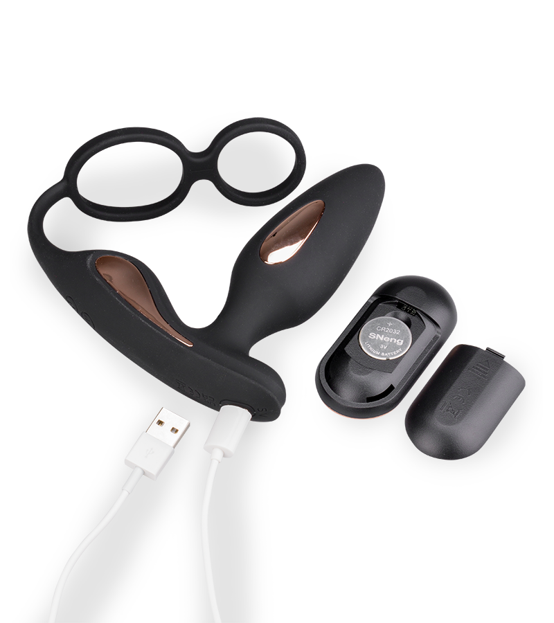 Domino vibrating butt plug with double cock ring