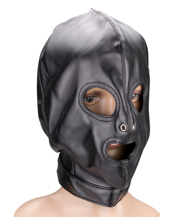 Faux leather BDSM hood with three openings