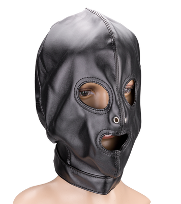 Faux leather BDSM hood with three openings