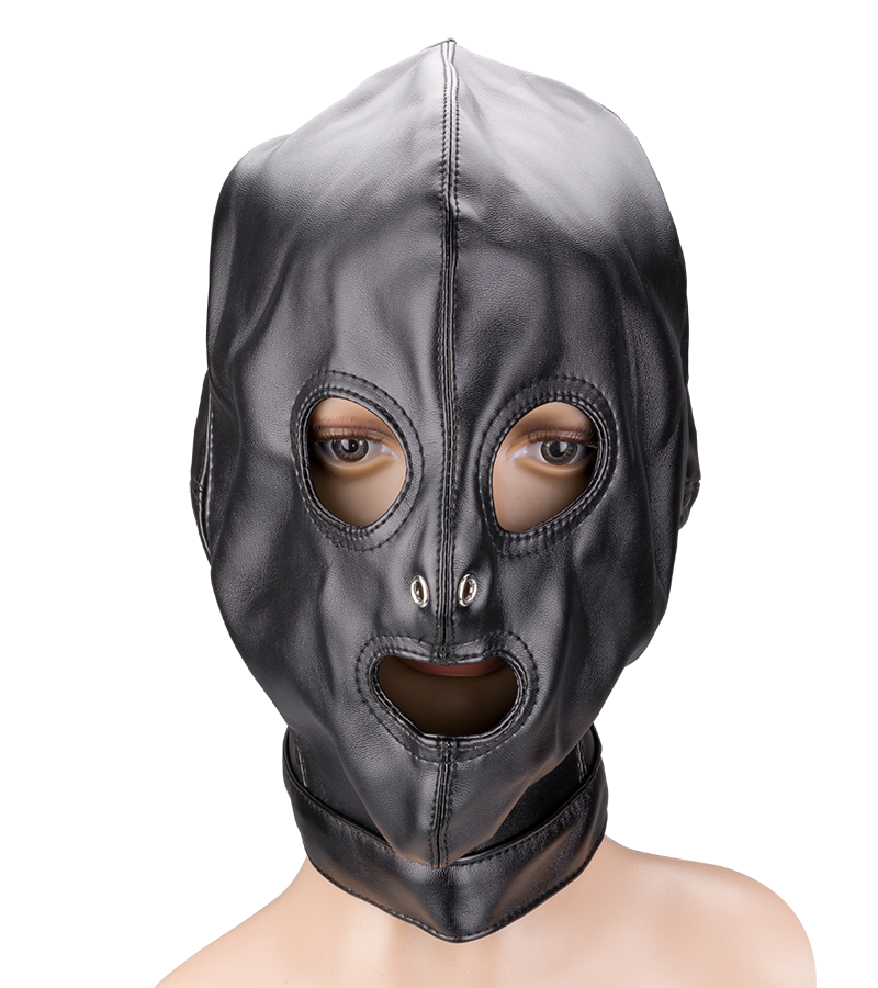 Faux leather BDSM hood with three openings