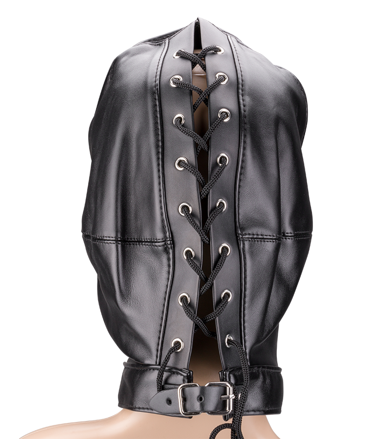 Faux leather BDSM hood with three openings