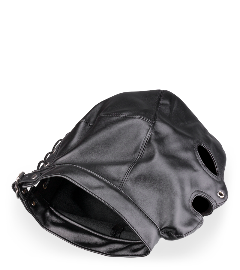 Faux leather BDSM hood with three openings