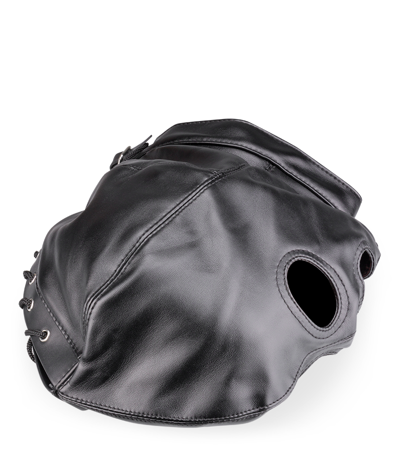 Faux leather BDSM hood with three openings
