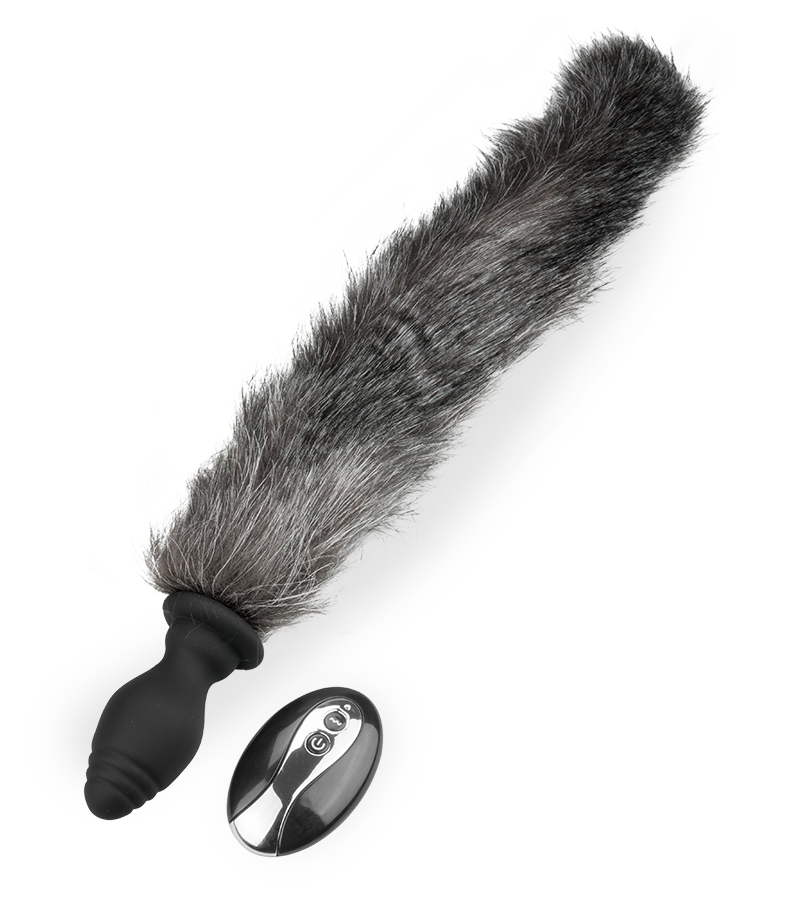 Grey faux fur vibrating butt plug