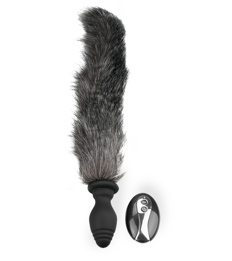 Grey faux fur vibrating butt plug