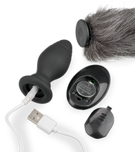Load image into Gallery viewer, Grey faux fur vibrating butt plug