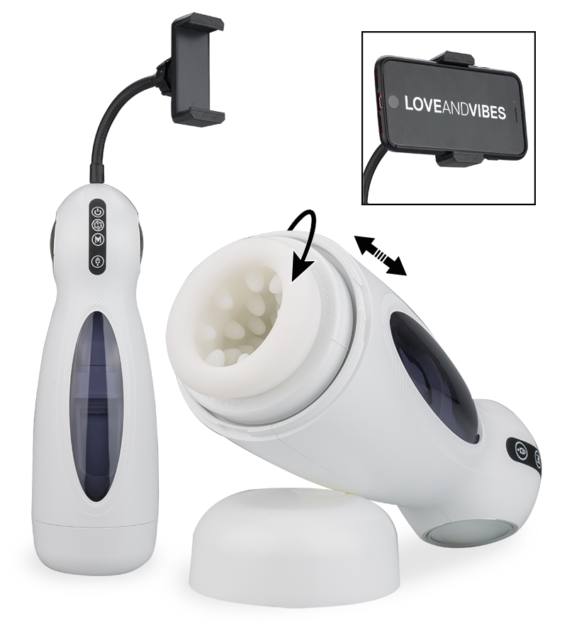 Icicle rotating and thrusting masturbator with phone holder