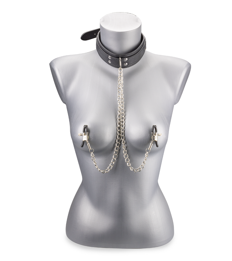 Leather bondage collar with nipple clamps