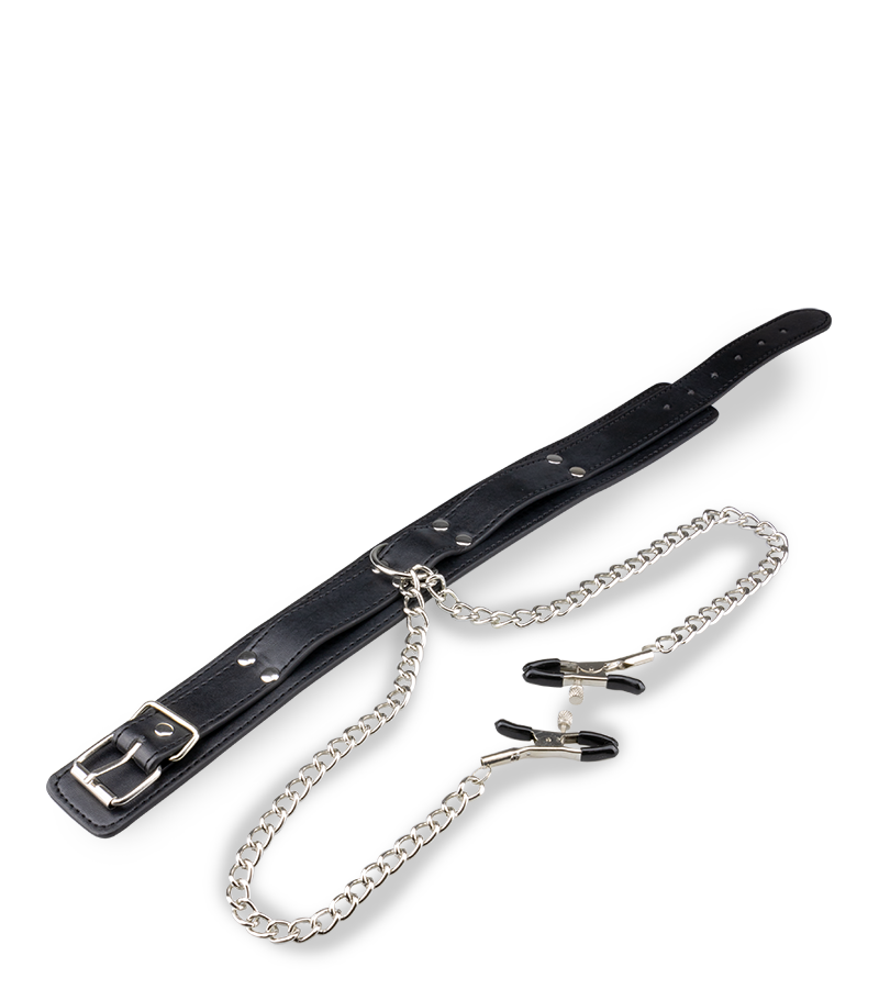 Leather bondage collar with nipple clamps
