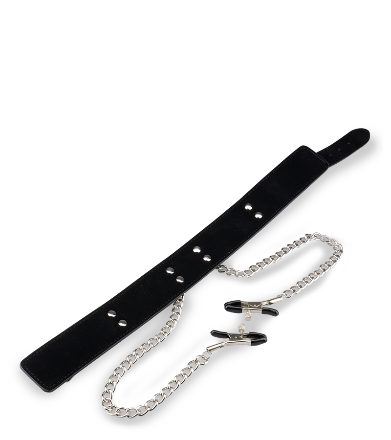 Leather bondage collar with nipple clamps