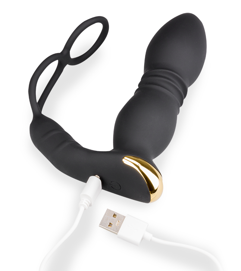 Luck thrusting and vibrating butt plug with cock rings
