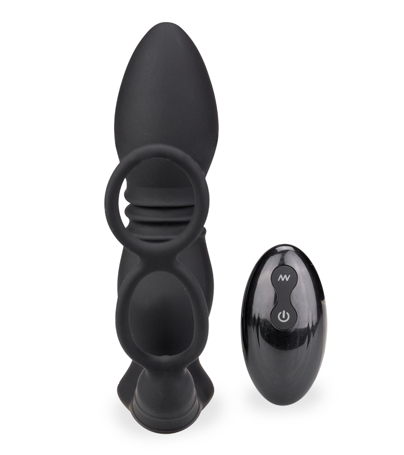 Luck thrusting and vibrating butt plug with cock rings