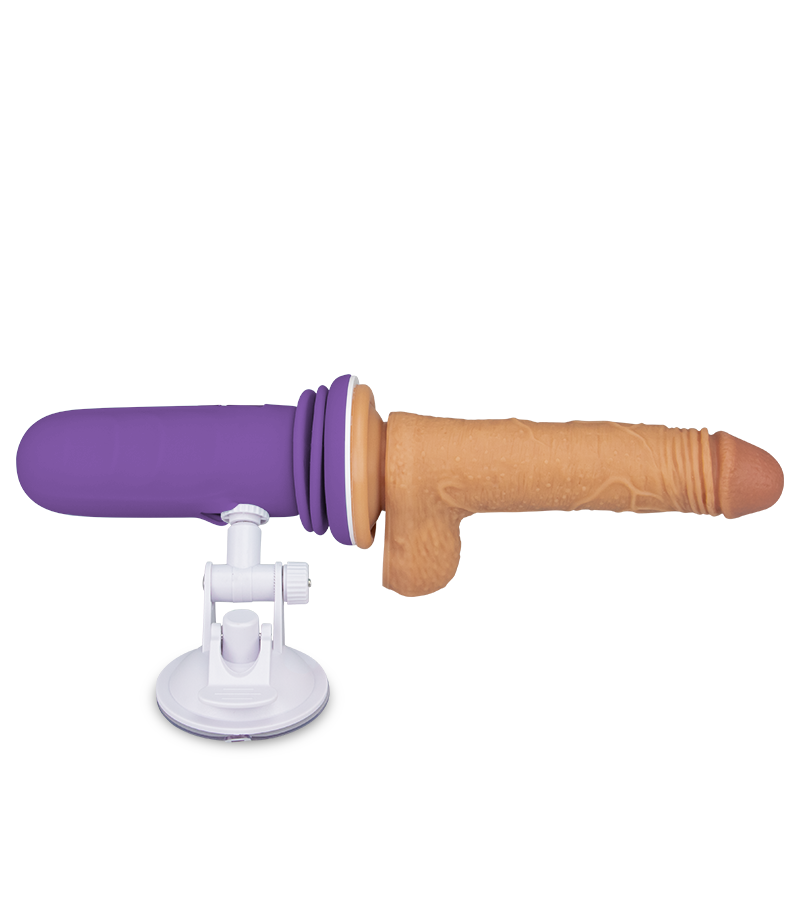 Mini sex machine with thrusting suction cup dildo