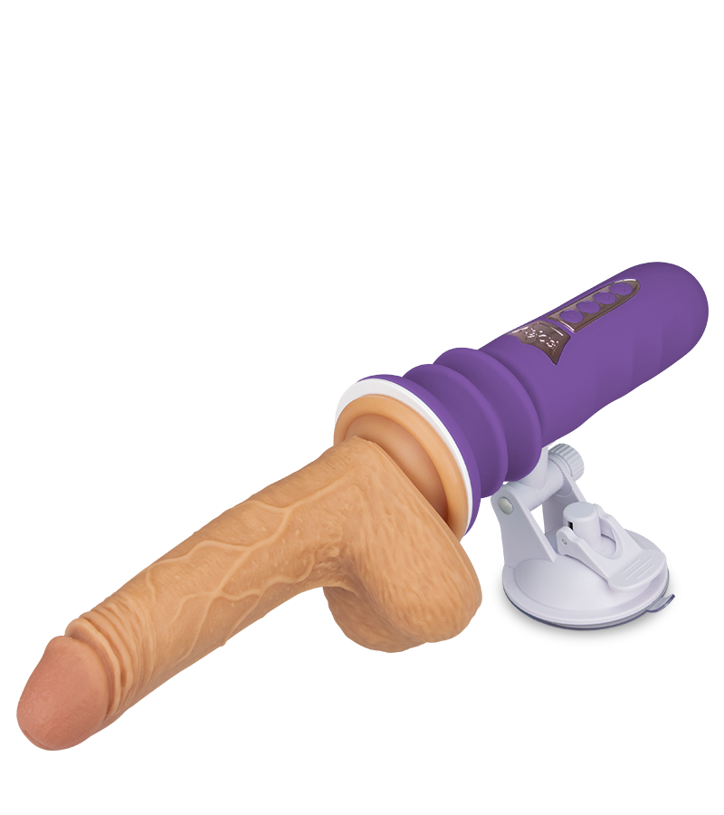 Mini sex machine with thrusting suction cup dildo
