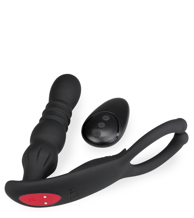 Ode vibrating and thrusting butt plug with testicle massager