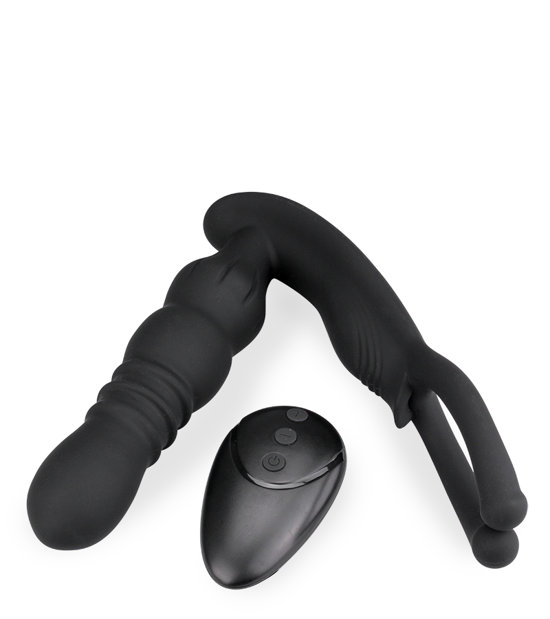 Ode vibrating and thrusting butt plug with testicle massager