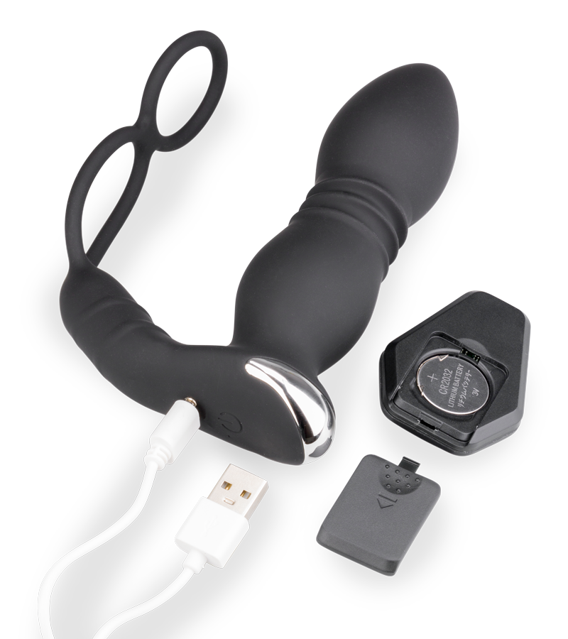 Paolo vibrating and thrusting anal plug with double cockring