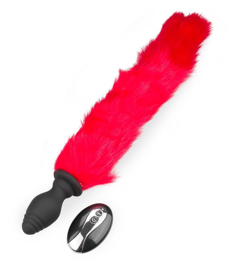 Red faux fur vibrating butt plug