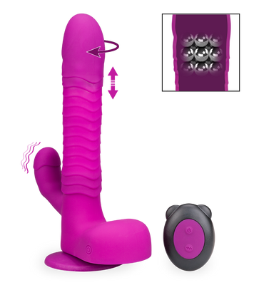 Rotating and thrusting suction cup rabbit-style dildo