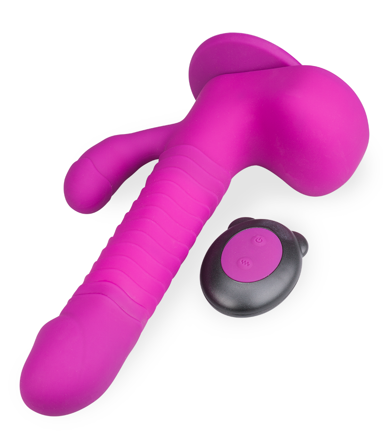 Rotating and thrusting suction cup rabbit-style dildo