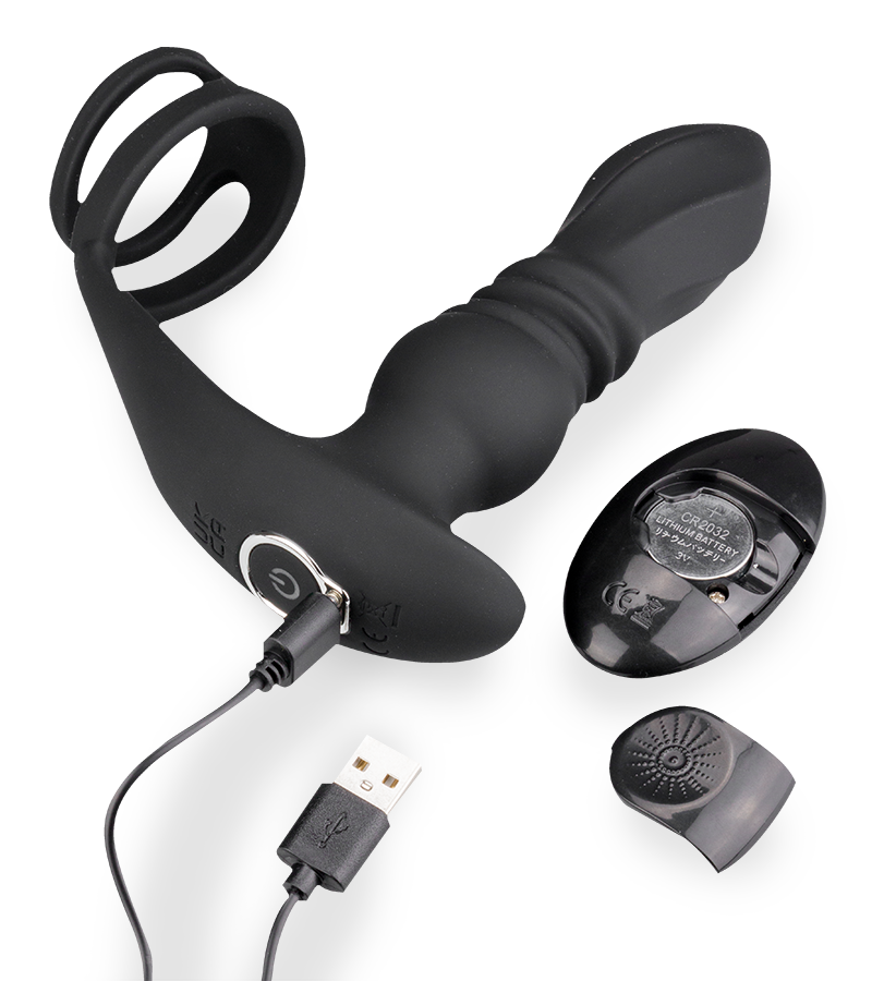 Toronto vibrating and thrusting anal plug with double cock ring