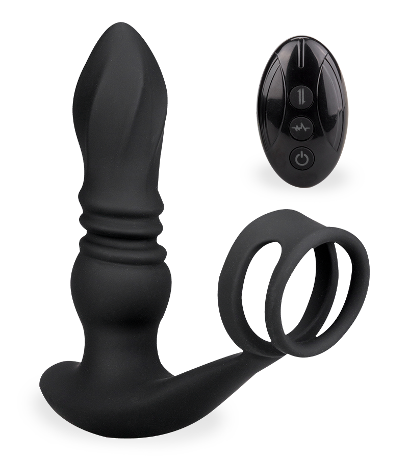 Toronto vibrating and thrusting anal plug with double cock ring