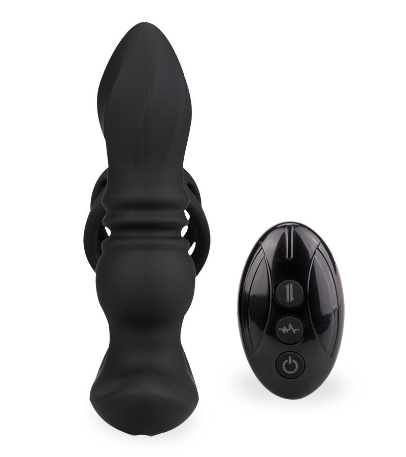 Toronto vibrating and thrusting anal plug with double cock ring