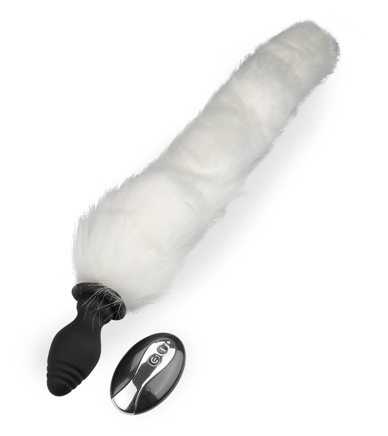 Vibrating butt plug with white synthetic fur tail