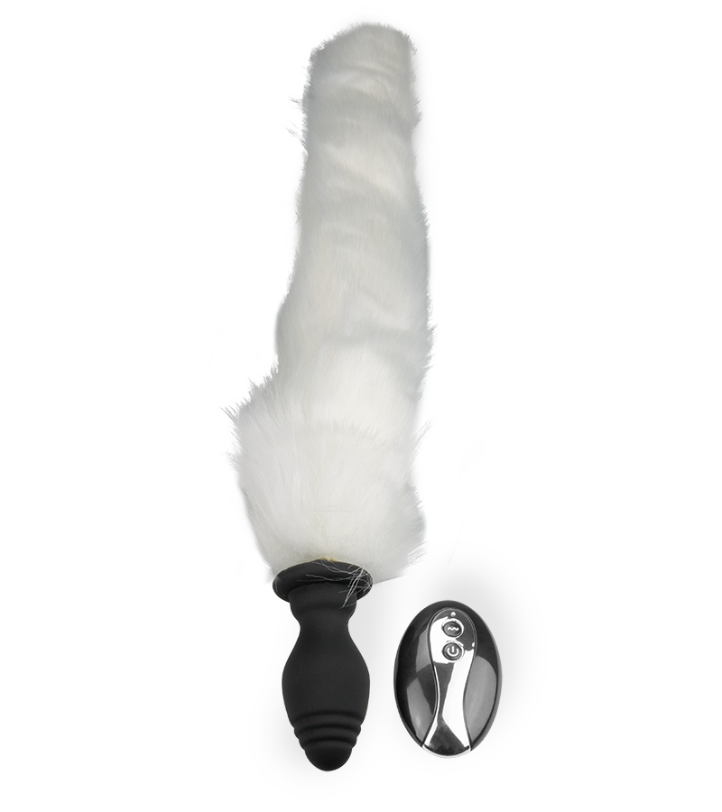 Vibrating butt plug with white synthetic fur tail