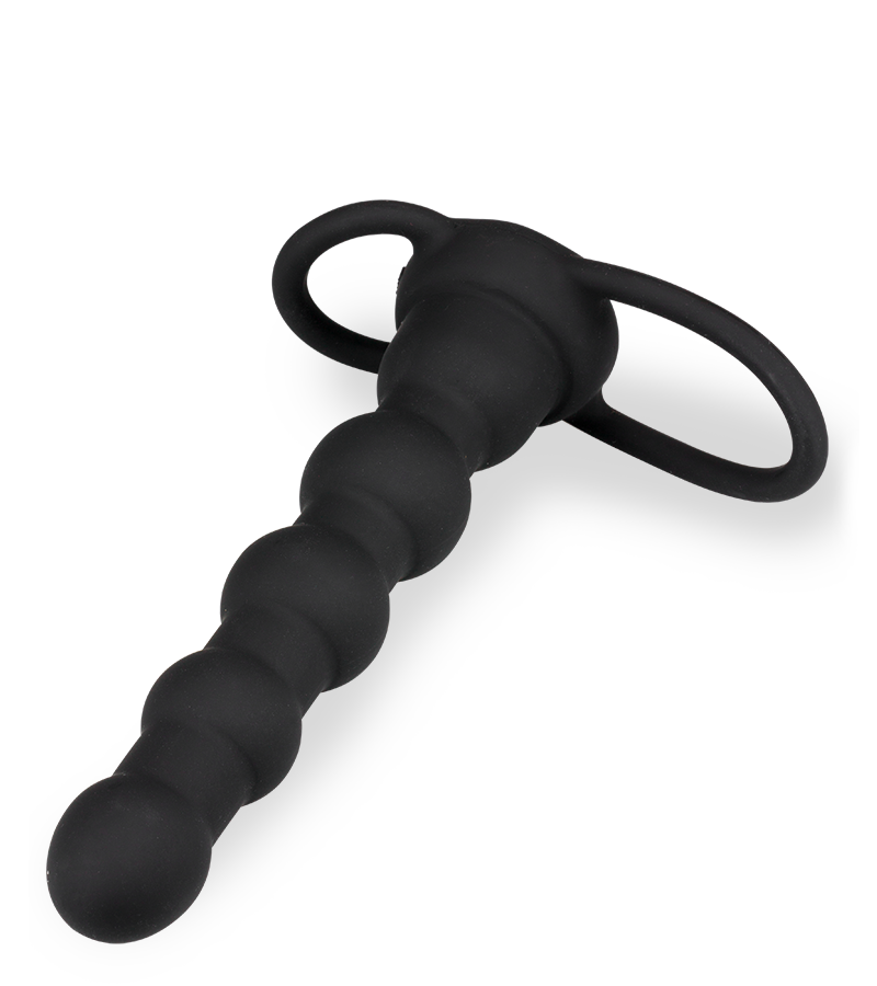 Vibrating silicone double penetration cock ring and beaded dildo