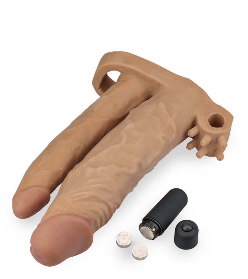 Vibrating triple stimulation double-dildo penis sleeve