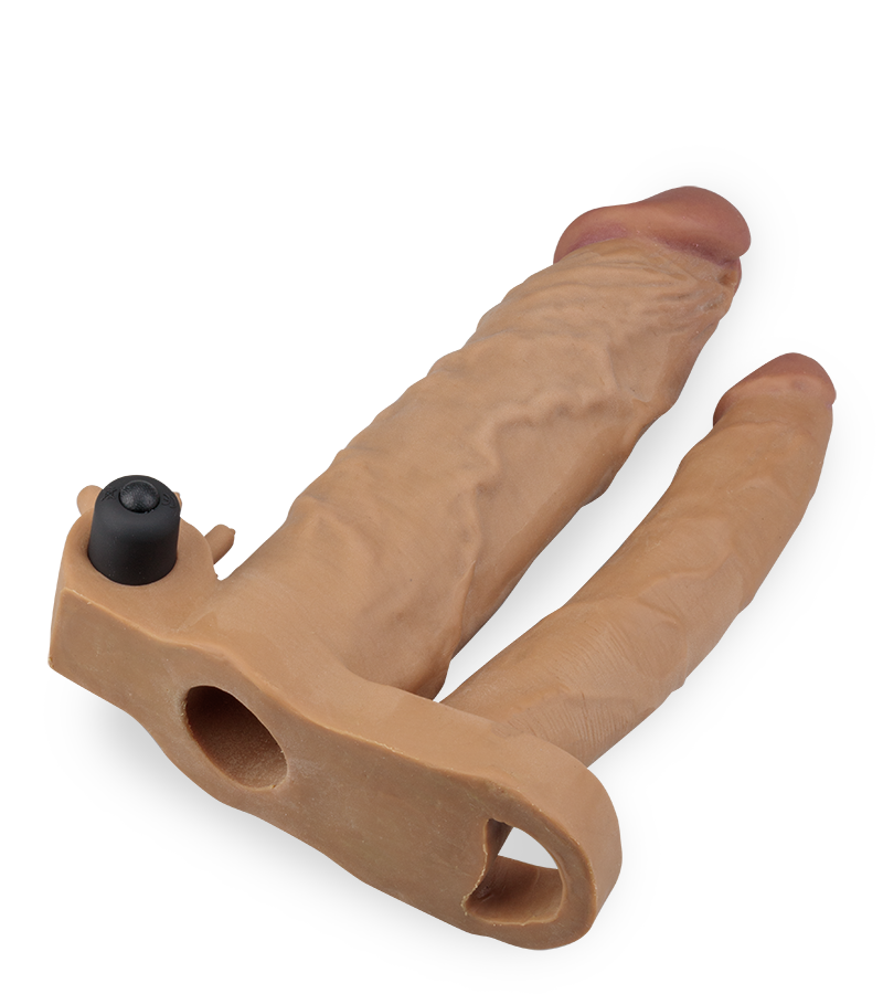 Vibrating triple stimulation double-dildo penis sleeve