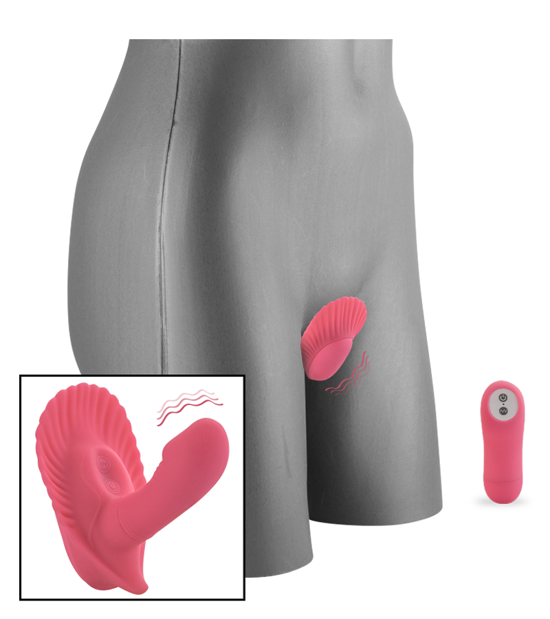 Wearable vibrating shell dildo