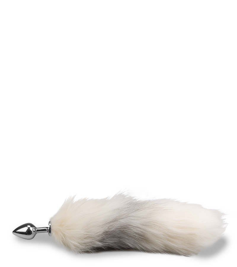 White and black furry fox tail butt plug