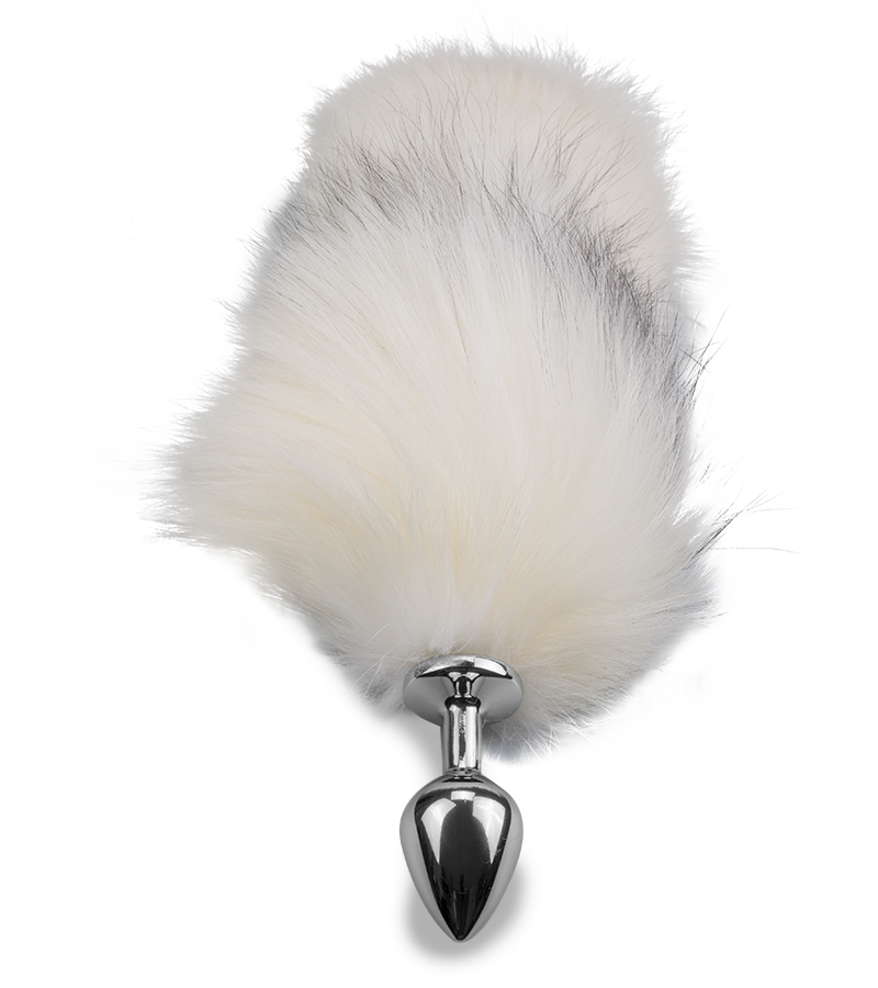White and black furry fox tail butt plug