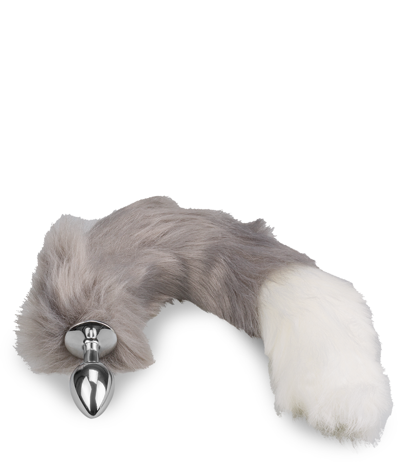 White and grey vegan fur fox tail butt plug
