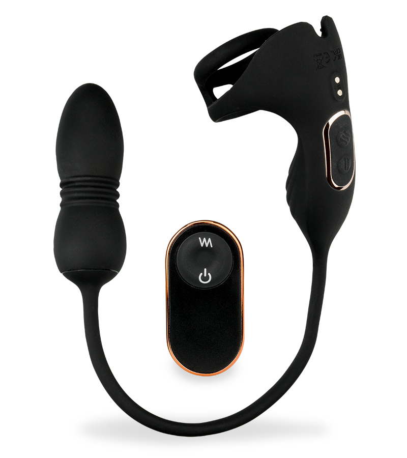 Wind vibrating and thrusting butt plug with cock ring and ball massager