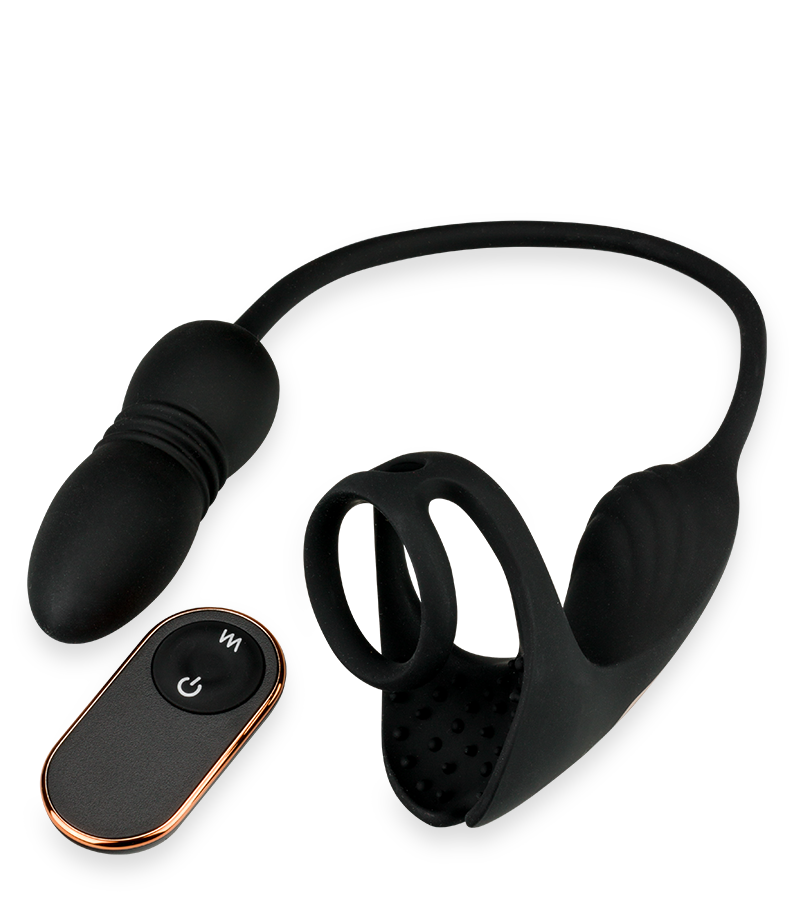 Wind vibrating and thrusting butt plug with cock ring and ball massager